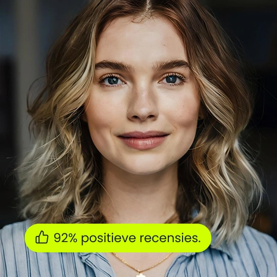Professioneel portret van een jonge vrouw met schouderlang blond haar, natuurlijke make-up en zachte belichting tegen een wazige interieurachtergrond.